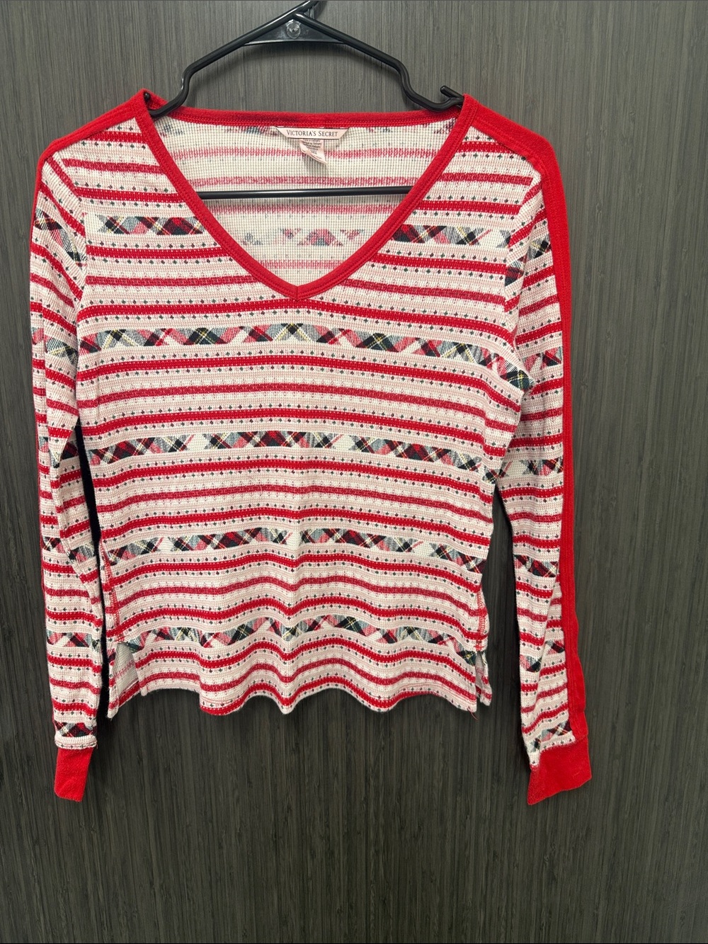 Victoria's Secret Red, White & Multicolor Striped V-Neck Long Sleeve with pants